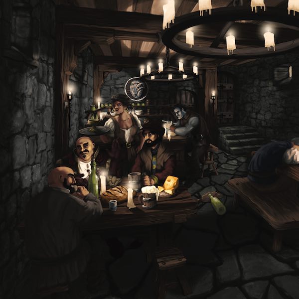Półmrok, tawerna Rapana. Na ilustracji karczmarka Feda, Jurgen Kloppe, Glaca, Anzelmo Paszat, Dudi i Stary Lupi
